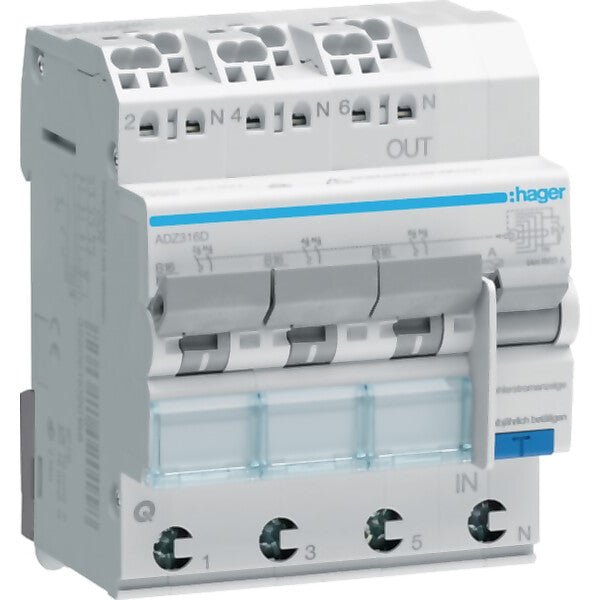 Hager FI/LS-Schalter 3x 1P+N, 6 kA ADZ316D